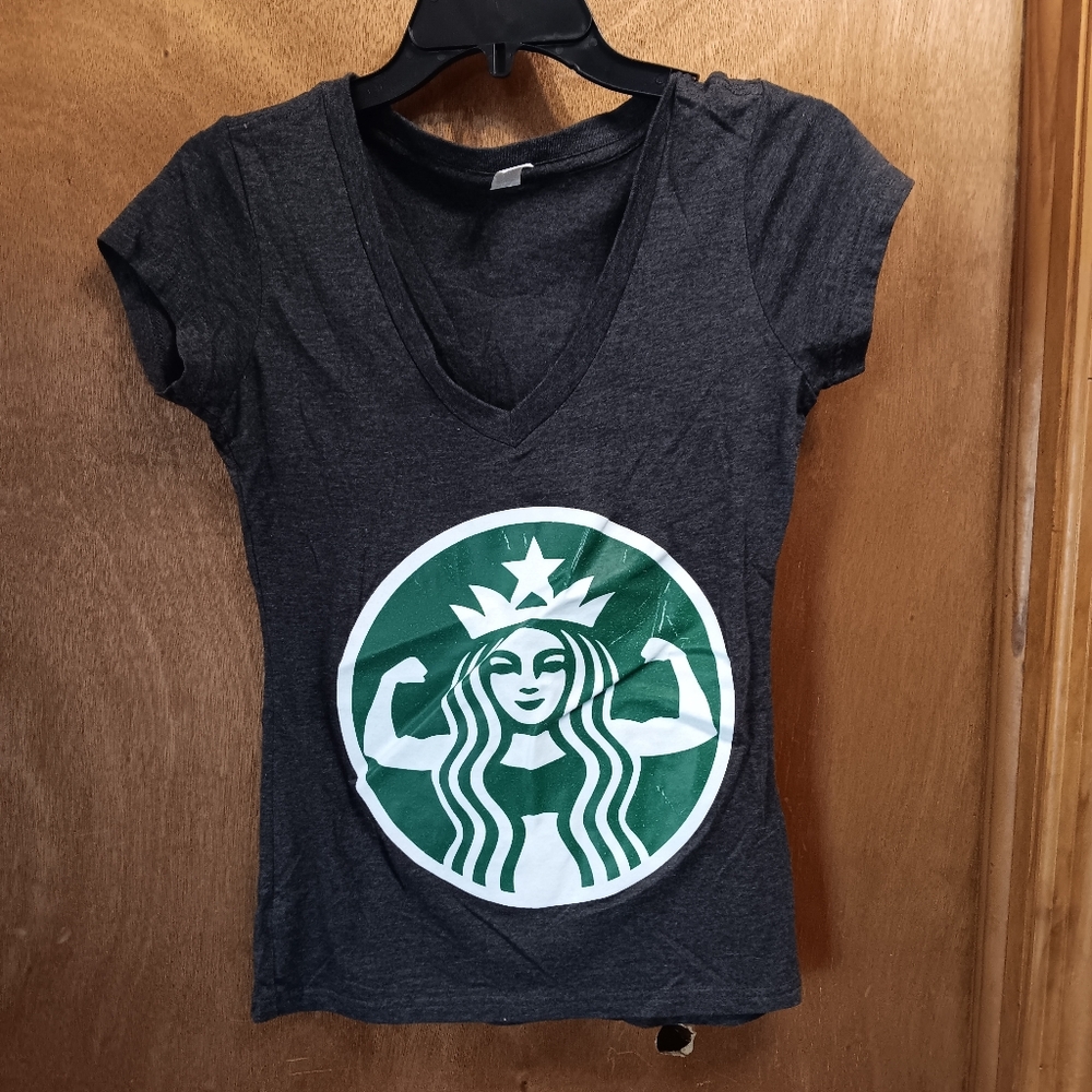 Gray V-Neck T-Shirt with Green Logo